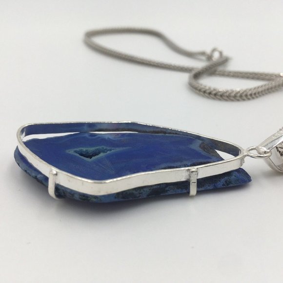 Gorgeous Blue AGATE SLICE Quartz Crystal GEODE Sterling Silver Set PENDANT, NEW - Picture 5 of 7
